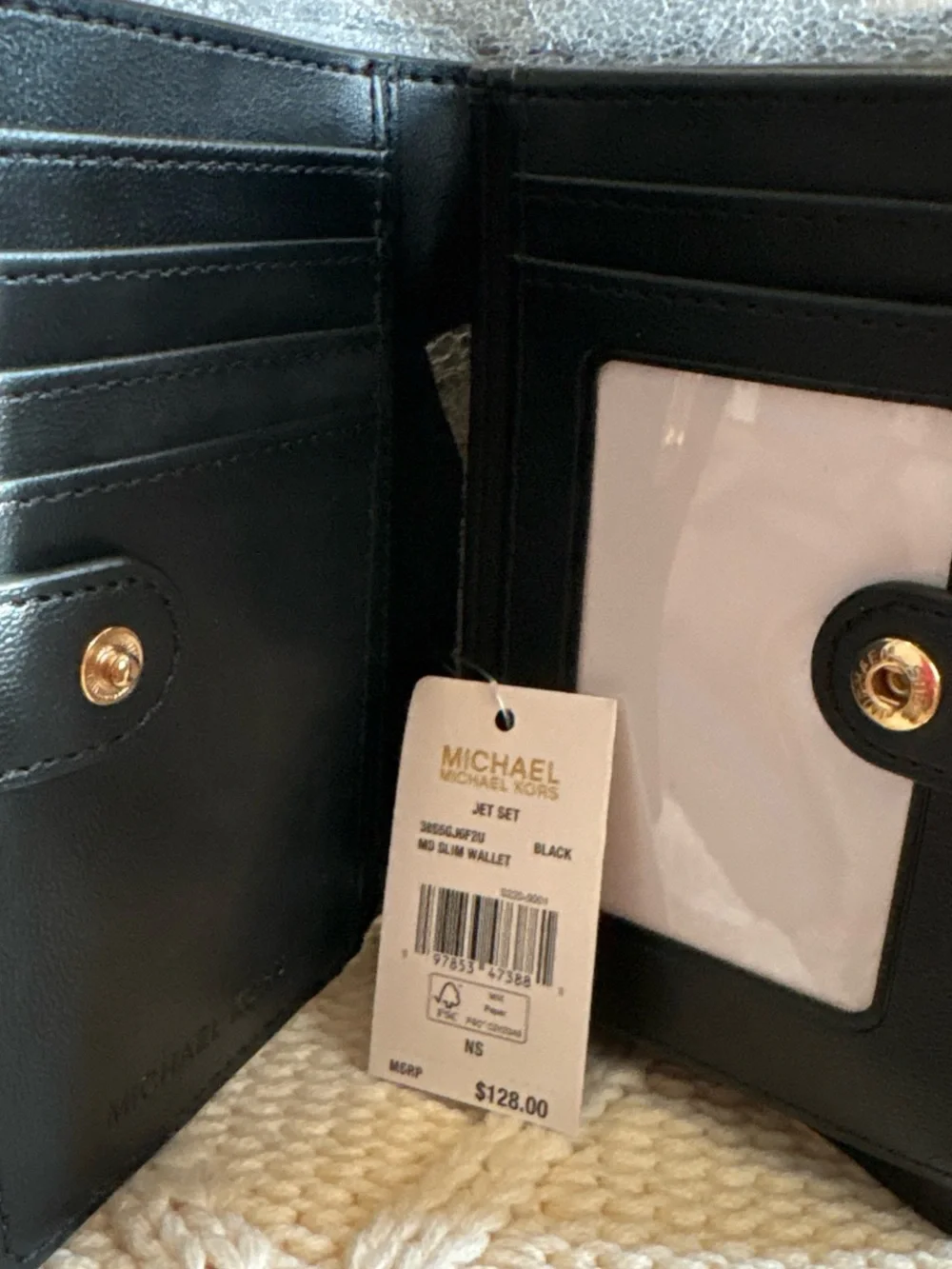 Michael Kors Black Quilted MK Logo Leather Wallet with Gold Hardware